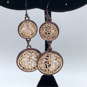 New Double Round Filigree Bronze and Gold Tone Dangle Earrings